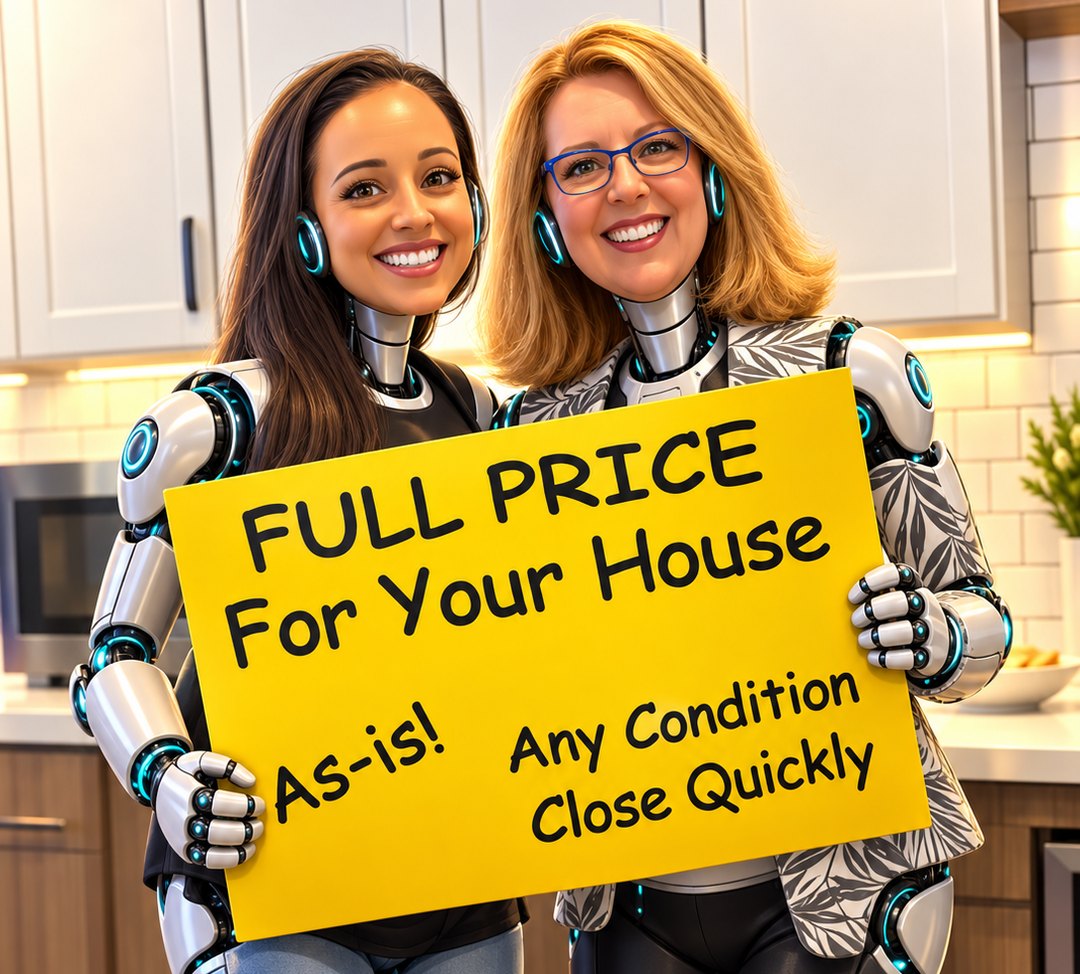 Jenn and Carol illustrated as friendly robots holding a sign that says Full price for your house, as-is, any condition, close quickly